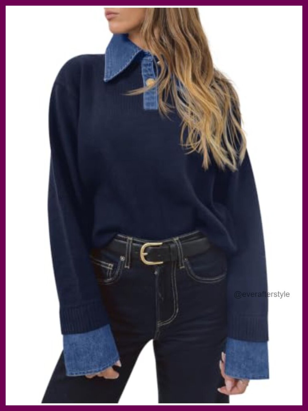 Womens Denim Patchwork Sweater V Neck Polo Pullover Top